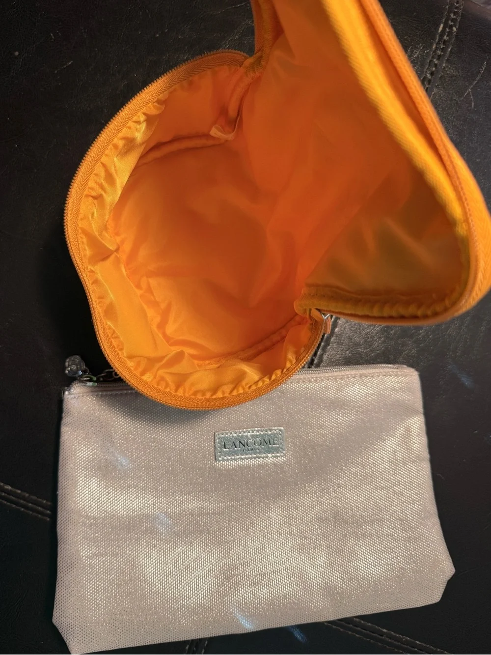 L'OCCITANE Yellow Canvas Cosmetic Pouch & Metallic LANCÔME Rose toiletries bag